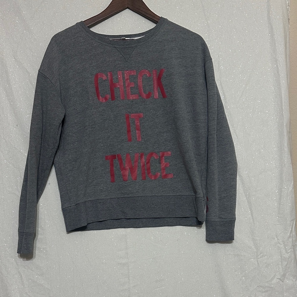 Victoria's Secret Gray Sweatshirt with Red  Glitter “Check it Twice”. Size Med